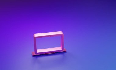 Mor-mavi arkaplanda izole edilmiş pembe dizüstü bilgisayar simgesi. Boş ekran işaretli bilgisayar defteri. Minimalizm kavramı. 3 Boyutlu resimleme.