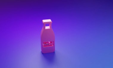 Mor-mavi arka planda izole edilmiş süt ve kapak ikonlu pembe kapalı cam şişe. Minimalizm kavramı. 3 Boyutlu resimleme.