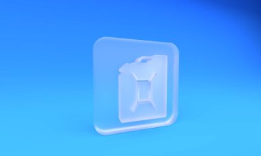 Mavi arka planda izole edilmiş benzin ikonu için buzlu cam kutu. Dizel gaz ikonu. Kare buzlu cam düğme. 3 Boyutlu resimleme.