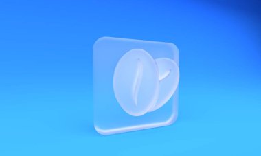 Buzlu cam kahve çekirdeği ikonu mavi arka planda izole edilmiş. Kare buzlu cam düğme. 3 Boyutlu resimleme.