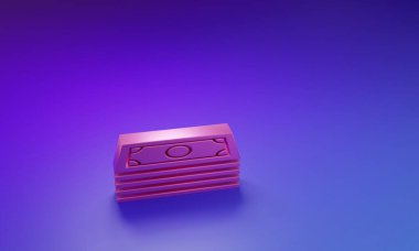 Pink Stacks kağıt para ikonu mor-mavi arka planda izole. Para desteleri. Para birimi. Minimalizm kavramı. 3 Boyutlu resimleme.