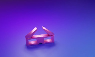Mor-mavi arka planda izole edilmiş pembe 3 boyutlu sinema gözlüğü ikonu. Minimalizm kavramı. 3 Boyutlu resimleme.