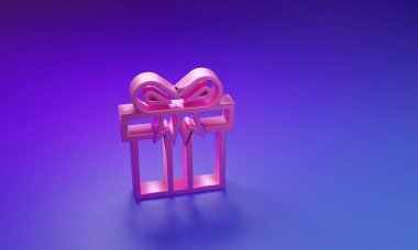 Mor-mavi arkaplanda izole edilmiş pembe hediye kutusu simgesi. Minimalizm kavramı. 3 Boyutlu resimleme.