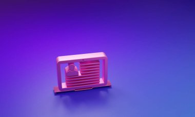 Mor-mavi arkaplanda özgeçmiş simgesi olan pembe dizüstü bilgisayar. Özgeçmiş başvurusu. Profesyonel personel aranıyor. Personel analizi devam ediyor. Minimalizm kavramı. 3 Boyutlu resimleme.