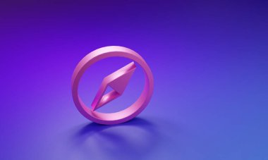 Pembe Rüzgar gül ikonu mor-mavi arka planda izole. Seyahat için pusula simgesi. Navigasyon tasarımı. Minimalizm kavramı. 3 Boyutlu resimleme.