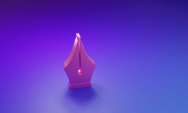 Pembe Çeşme kalem ucu simgesi mor-mavi arkaplanda izole edilmiş. Kalem aleti işareti. Minimalizm kavramı. 3 Boyutlu resimleme.