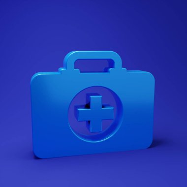 Mavi ilk yardım çantası simgesi mavi arkaplanda izole edildi. Haçlı sağlık kutusu. Acil durumlar için tıbbi ekipman. Sağlık sigortası konsepti. Minimalizm kavramı. 3 Boyutlu resimleme.