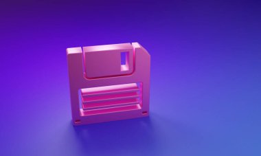 Mor-mavi arkaplanda izole edilmiş bilgisayar veri depolama simgesi için pembe disket. Disket işareti. Minimalizm kavramı. 3 Boyutlu resimleme.