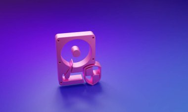 Mor-mavi arkaplanda izole edilmiş Pembe Disk Sürücüsü HDD koruma simgesi. Minimalizm kavramı. 3 Boyutlu resimleme.