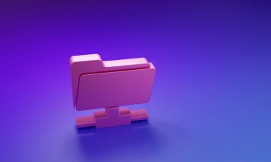 Mor-mavi arkaplanda izole edilmiş pembe FTP dizin simgesi. Yazılım güncellemesi, transfer protokolü, yönlendirici, takım çalışması aracı yönetimi, kopyalama süreci, bilgi. Minimalizm kavramı. 3 Boyutlu resimleme.