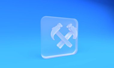 Buzlu cam. İki çapraz çekiç simgesi mavi arka planda izole edilmiş. Tamir için bir araç. Kare buzlu cam düğme. 3 Boyutlu resimleme.