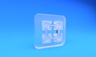 Buzlu cam bloklama teknolojisi ikonu mavi arka planda izole edildi. Kripto para birimi verileri. Soyut geometrik blok zincir ağ teknolojisi işi. Kare buzlu cam düğme. 3 Boyutlu resimleme.