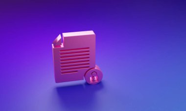 Pembe Belge ve kilit simgesi mor-mavi arkaplanda izole edildi. Dosya biçimi ve asma kilit. Güvenlik, güvenlik, koruma kavramı. Minimalizm kavramı. 3 Boyutlu resimleme.