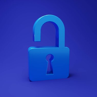Mavi Açık asma kilit simgesi mavi arkaplanda izole edildi. Kilit açık işareti. Siber güvenlik kavramı. Dijital veri koruması. Güvenlik kilidi. Minimalizm kavramı. 3 Boyutlu resimleme.