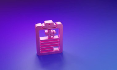 Mor-mavi arka planda izole edilmiş tıbbi kayıt evcil hayvan ikonu olan pembe pano. Sağlık sigortası formu. Tıbbi kontrol işaretleri raporu. Minimalizm kavramı. 3 Boyutlu resimleme.