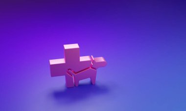 Mor-mavi arka planda izole edilmiş pembe veteriner kliniği sembolü. Köpek veterinerliği ile karşılaştır. Evcil hayvan ilk yardım işareti. Minimalizm kavramı. 3 Boyutlu resimleme.