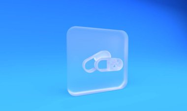 Buzlu cam köpek ve mavi arka planda izole edilmiş ilaç ikonu. Hayvan için reçeteli ilaç. Kare buzlu cam düğme. 3 Boyutlu resimleme.