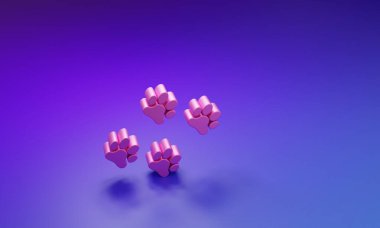 Mor-mavi arkaplanda izole edilmiş pembe Paw yazdırma simgesi. Köpek ya da kedi pençesi izi. Hayvan izleri. Minimalizm kavramı. 3 Boyutlu resimleme.