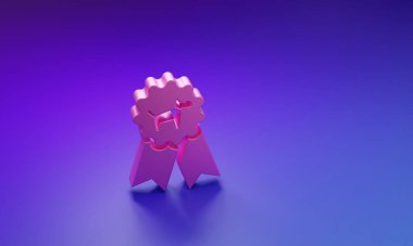 Mor-mavi arka planda izole edilmiş Pembe Köpek ödüllü sembol. Köpek ayak izli madalya, evcil hayvan sergisinin kazanan konsepti. Minimalizm kavramı. 3 Boyutlu resimleme.