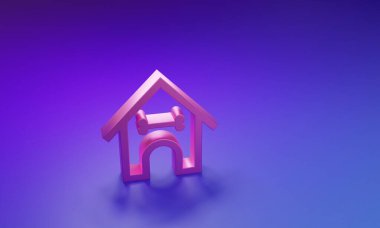 Pembe Köpek evi ve mor-mavi arka planda izole edilmiş kemik ikonu. Köpek kulübesi. Minimalizm kavramı. 3 Boyutlu resimleme.
