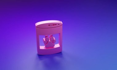 Mor-mavi arka planda izole edilmiş pembe konserve yiyecek ikonu. Hayvanlar için yiyecek. Evcil hayvan yiyeceği kutusu. Köpek ya da kedi pençesi izi. Minimalizm kavramı. 3 Boyutlu resimleme.