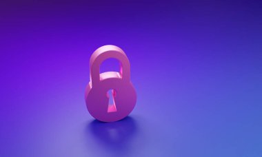 Mor-mavi arkaplanda Pembe Kilit simgesi izole edildi. Asma kilit işareti. Güvenlik, güvenlik, koruma, gizlilik kavramı. Minimalizm kavramı. 3 Boyutlu resimleme.