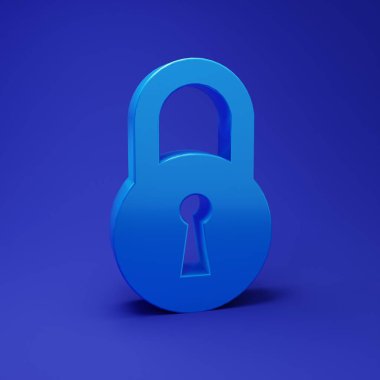 Mavi Kilit simgesi mavi arkaplanda izole edildi. Asma kilit işareti. Güvenlik, güvenlik, koruma, gizlilik kavramı. Minimalizm kavramı. 3 Boyutlu resimleme.