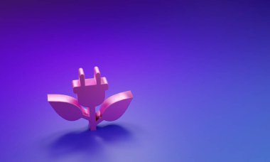 Mor-mavi arkaplanda izole edilmiş yaprak simgesindeki Pembe Elektrik kayıt prizi. Enerji tasarrufu ikonu. Çevre koruma ikonu. Biyolojik enerji. Minimalizm kavramı. 3 Boyutlu resimleme.