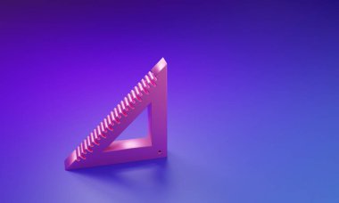 Mor-mavi arkaplanda izole edilmiş pembe üçgen cetvel simgesi. Düz sembol. Geometrik sembol. Minimalizm kavramı. 3 Boyutlu resimleme.