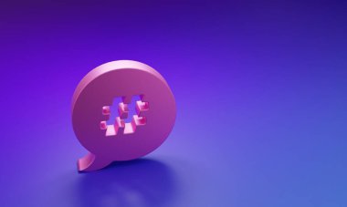 Mor-mavi arkaplanda izole edilmiş Pembe Hashtag konuşma balonu simgesi. Sayı işareti kavramı, sosyal medya pazarlaması, mikro blog yazma. Minimalizm kavramı. 3 Boyutlu resimleme.