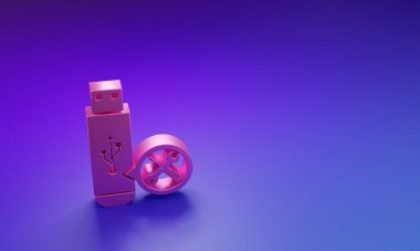 Mor-mavi arka planda izole edilmiş, tornavidalı ve anahtar ikonlu pembe USB flash disk. Ayarlama, servis, ayar, bakım, onarım, onarım. Minimalizm kavramı. 3 Boyutlu resimleme.