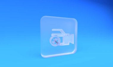 Mavi arka planda buzlu cam kamera, tornavida ve ingiliz anahtarı ikonu var. Ayarlama, servis, ayar, bakım, onarım, onarım. Kare buzlu cam düğme. 3 Boyutlu resimleme.
