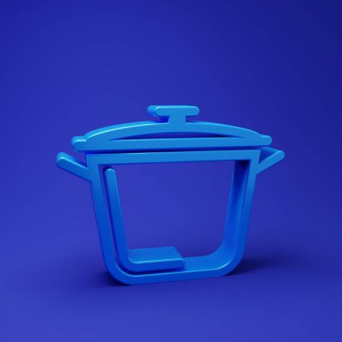 Mavi tencere ikonu mavi arkaplanda izole edilmiş. Haşlama ya da güveç besin sembolü. Minimalizm kavramı. 3 Boyutlu resimleme.