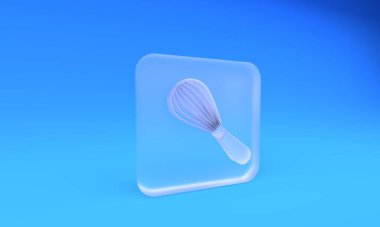 Buzlu cam mutfak çırpıcı ikonu mavi arkaplanda izole edilmiş. Mutfak aletleri, yumurta çırpıcı. Çatal bıçak seti. Yemek karışımı sembolü. Kare buzlu cam düğme. 3 Boyutlu resimleme.