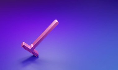 Pembe bahçe tırmık simgesi mor-mavi arkaplanda izole edilmiş. Bahçecilik, tarım, çiftçilik aleti. Toprak işçisi. Temizlik ekipmanları. Minimalizm kavramı. 3 Boyutlu resimleme.