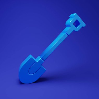 Mavi arka planda izole edilmiş Mavi Bahçe kürek ikonu. Bahçe aletleri. Bahçecilik, tarım, çiftçilik aleti. Minimalizm kavramı. 3 Boyutlu resimleme.