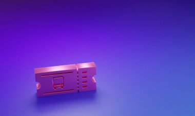 Mor-mavi arka planda izole edilmiş pembe otobüs bileti ikonu. Toplu taşıma bileti. Minimalizm kavramı. 3 Boyutlu resimleme.