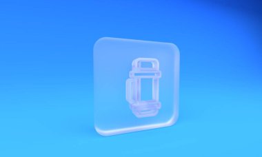 Buzlu cam termos kabı ikonu mavi arka planda izole edilmiş. Termo matara ikonu. Kamp ve yürüyüş ekipmanları. Kare buzlu cam düğme. 3 Boyutlu resimleme.