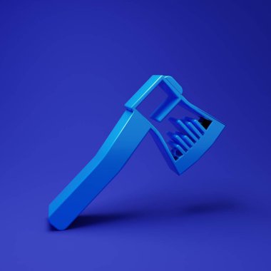 Mavi ahşap balta simgesi mavi arkaplanda izole edildi. Oduncu baltası. Minimalizm kavramı. 3 Boyutlu resimleme.