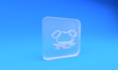 Mavi arka planda izole edilmiş buzlu cam bulut ikonu. Kare buzlu cam düğme. 3 Boyutlu resimleme.