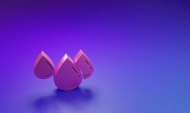 Mor-mavi arkaplanda izole edilmiş pembe su damlası simgesi. Minimalizm kavramı. 3 Boyutlu resimleme.