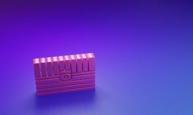 Mor-mavi arka planda izole edilmiş Pembe Antika hazine sandığı ikonu. Altın sikkeli klasik tahta sandık. Minimalizm kavramı. 3 Boyutlu resimleme.