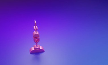 Mor-mavi arka planda izole edilmiş pembe elektrikli süpürge ikonu. Minimalizm kavramı. 3 Boyutlu resimleme.