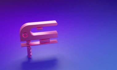 Mor-mavi arka planda izole edilmiş çelik keskin bıçak ikonu olan pembe elektrikli yapboz. Ahşap işçiliği için elektrikli alet. Minimalizm kavramı. 3 Boyutlu resimleme.