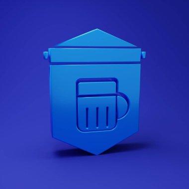 Mavi arka planda izole edilmiş bira ikonu dolu Blue Street tabelası. Reklamlar için uygun bar, kafe, bar, restoran. Minimalizm kavramı. 3 Boyutlu resimleme.