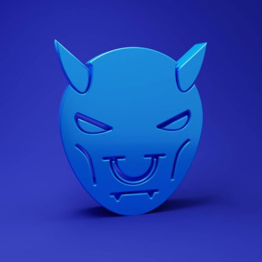 Mavi arka planda boynuz simgesi olan şeytanın mavi maskesi. Minimalizm kavramı. 3 Boyutlu resimleme.