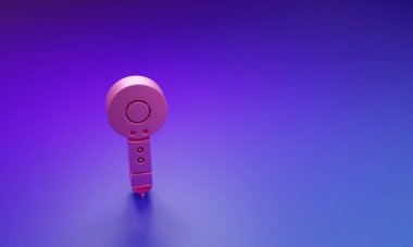 Mor-mavi arkaplanda pembe saç kurutma ikonu var. Saç kurutma makinesi tabelası. Saç kurutma sembolü. Sıcak hava üflüyor. Minimalizm kavramı. 3 Boyutlu resimleme.