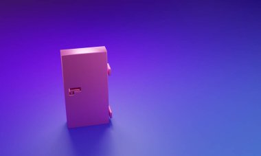 Mor-mavi arkaplanda izole edilmiş pembe kapalı kapı simgesi. Minimalizm kavramı. 3 Boyutlu resimleme.