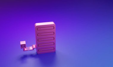 Mor-mavi arkaplanda Pembe Sunucu simgesi izole edildi. Uygulama, servis konsepti, ayar seçenekleri, bakım, onarım, onarım. Minimalizm kavramı. 3 Boyutlu resimleme.