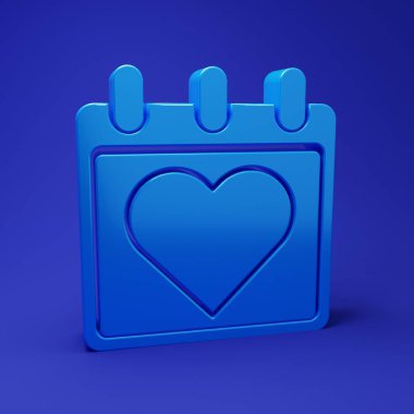 Mavi arkaplanda kalp simgesi olan Mavi Takvim. Sevgililer Günü. Aşk sembolü. 14 Şubat. Minimalizm kavramı. 3 Boyutlu resimleme.